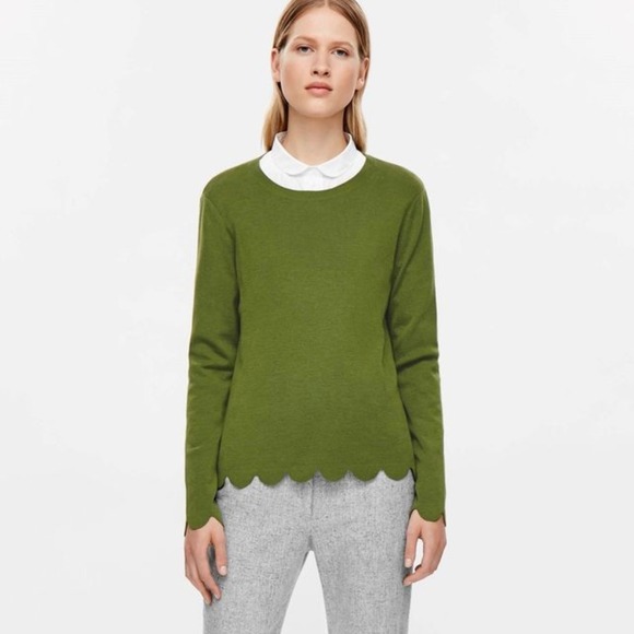 COS Wool Knit Sweater US L Green Long Sleeve Scalloped Hem Crew Neck - Picture 1 of 5